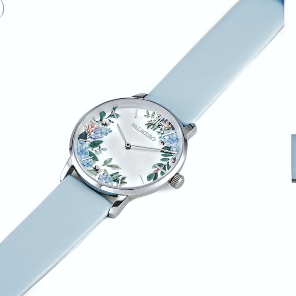 Palmero Watch Light Blue Leather Floral Stainless Steel Gift For Her